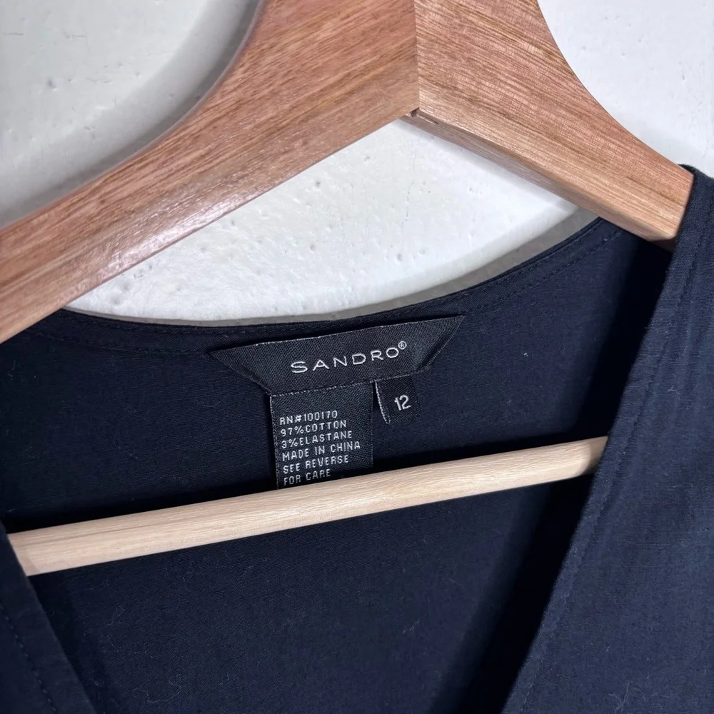 Sandro Black V-Neck Pleated Midi Dress Sleeveless Size 12 - Picture 9 of 10